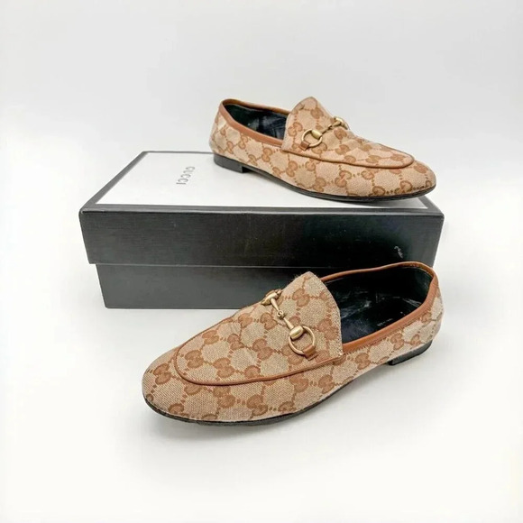 GUCCI Jordaan Tan GG Canvas Horsebit Loafer Size 38 EU SIZE US 8 - Picture 1 of 11